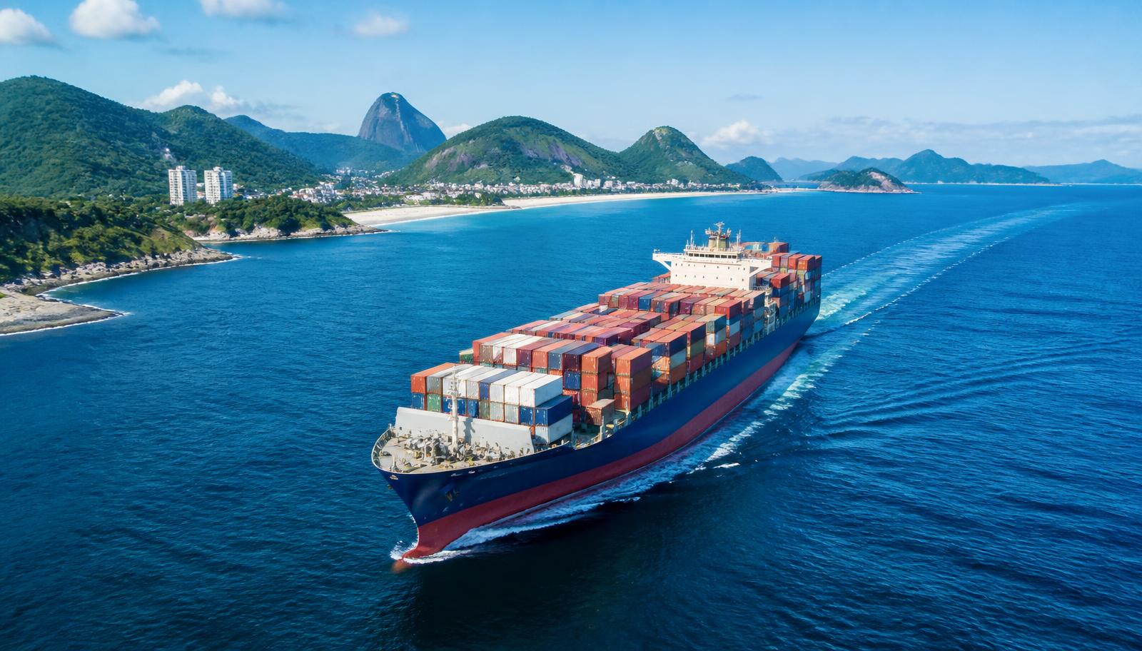 Navio porta-contêineres navegando ao longo da costa brasileira